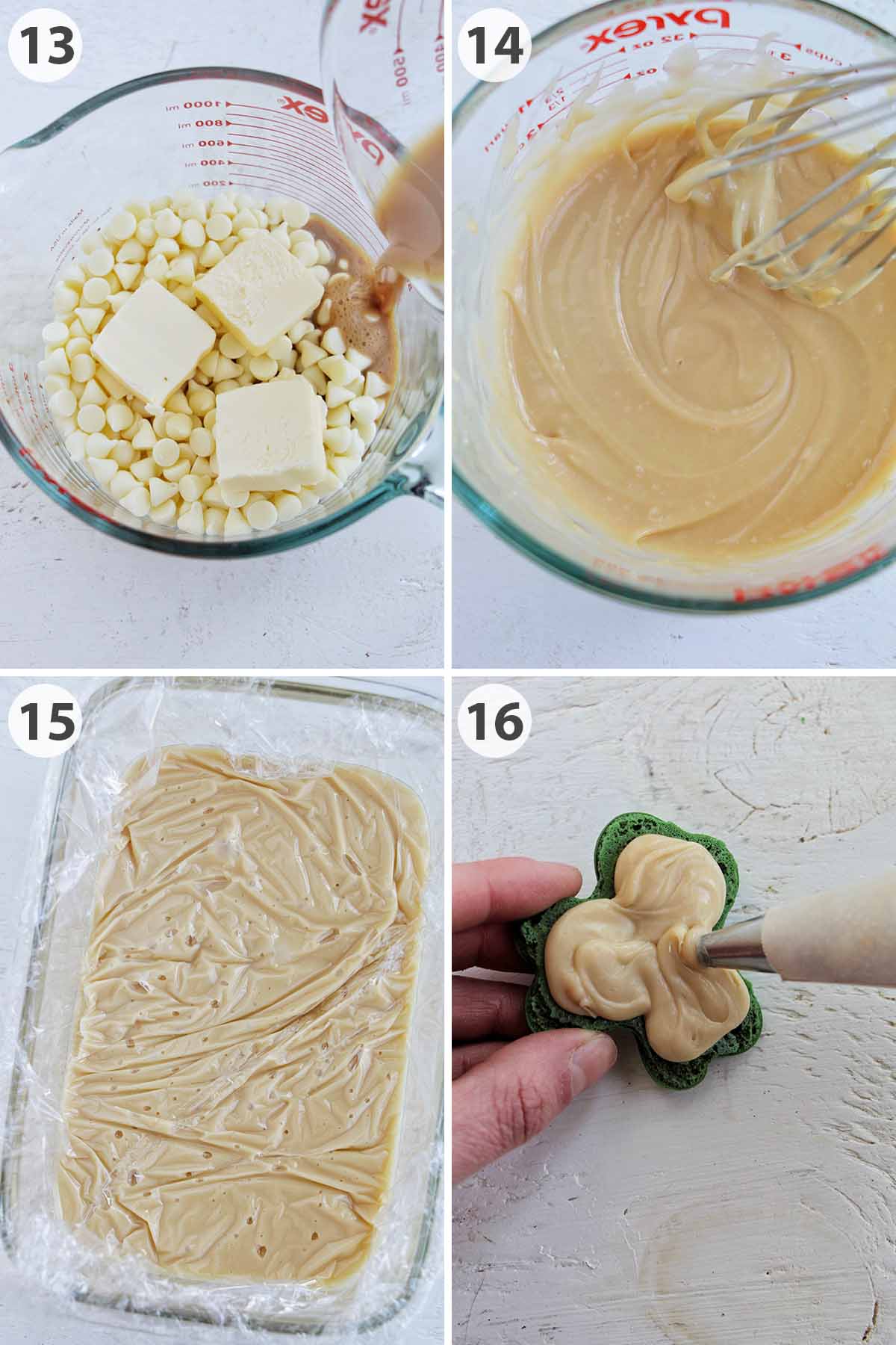 four numbered photos showing how to make baileys ganache and fill macarons.