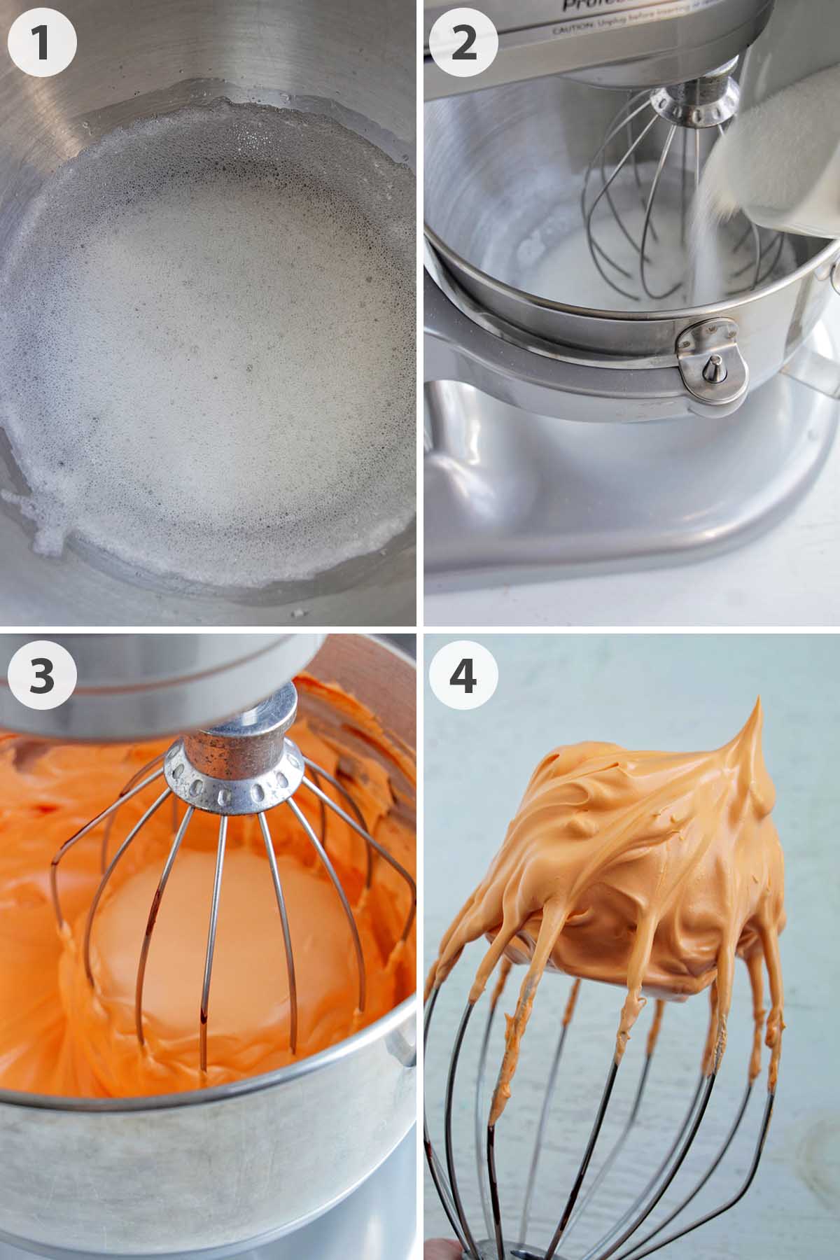 four numbered photos showing how to make orange macaron batter.