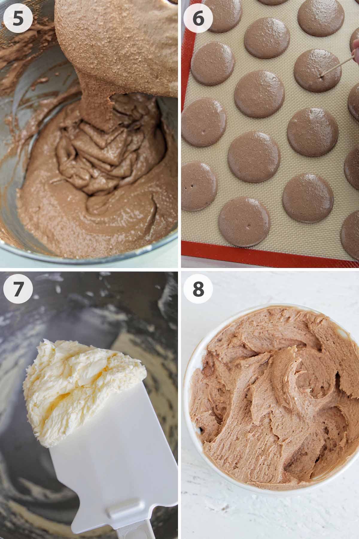 four numbered photos showing how to make Guinness macaron shells and filling.