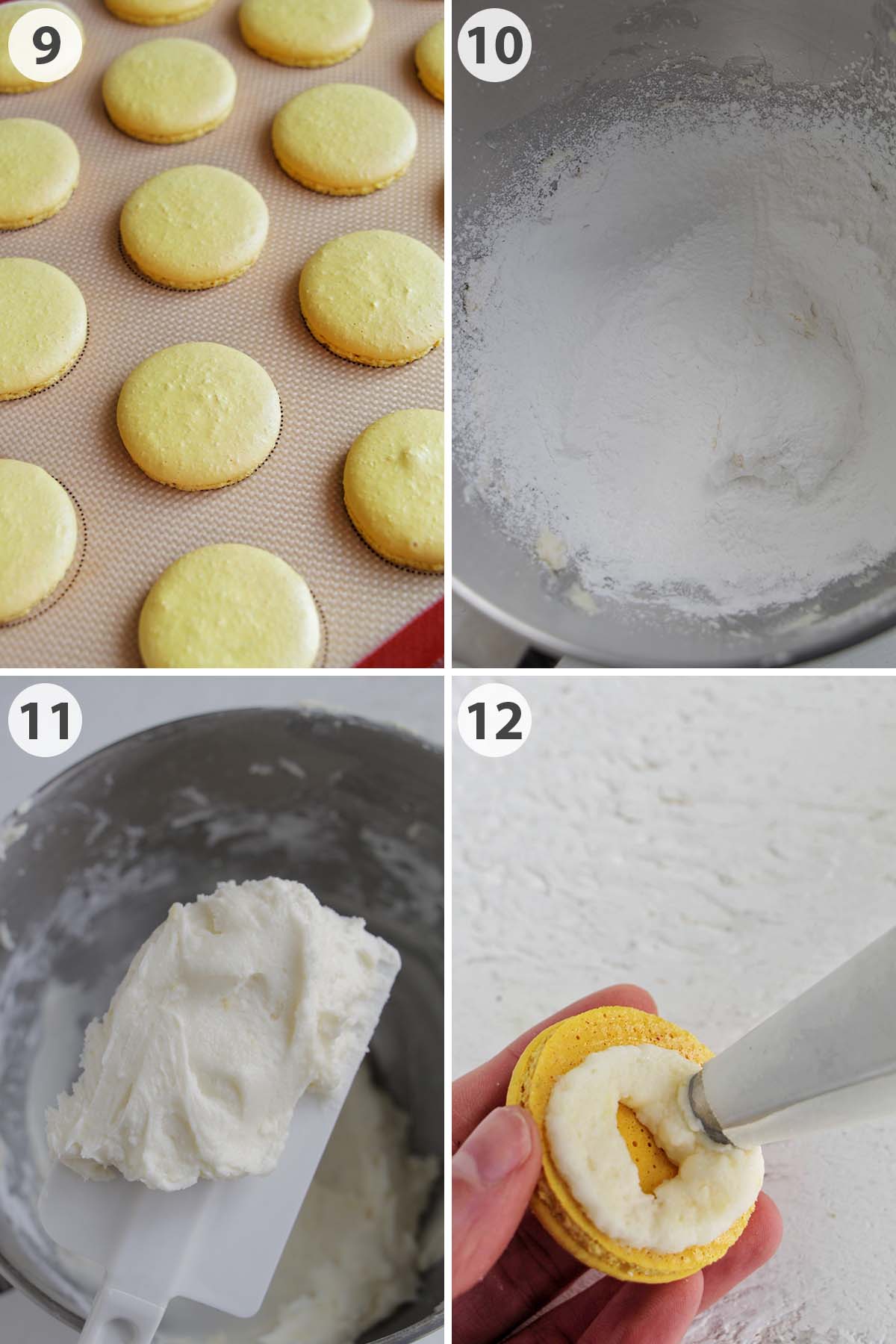 four numbered photos showing how to make lemon buttercream filling and how to fill macarons.