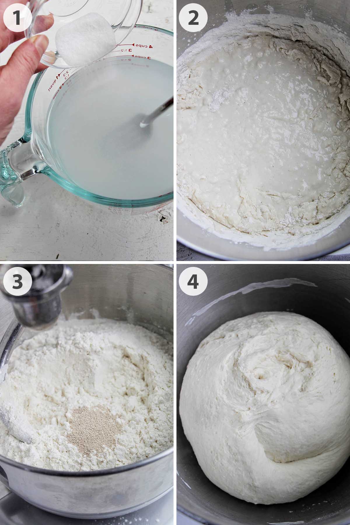four numbered photos showing how to make Neapolitan pizza dough.