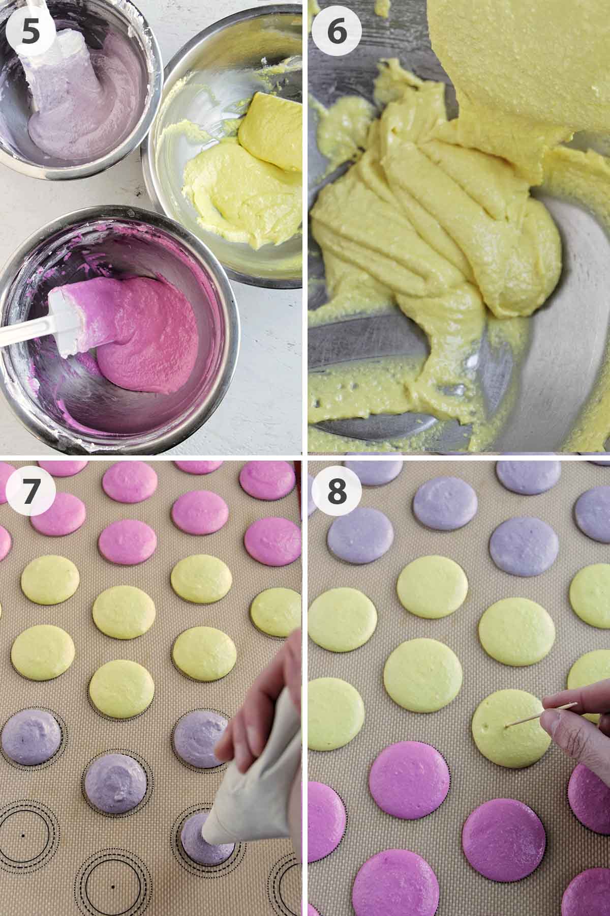 four numbered photos showing how to mix and pipe pastel colored macaron batter.