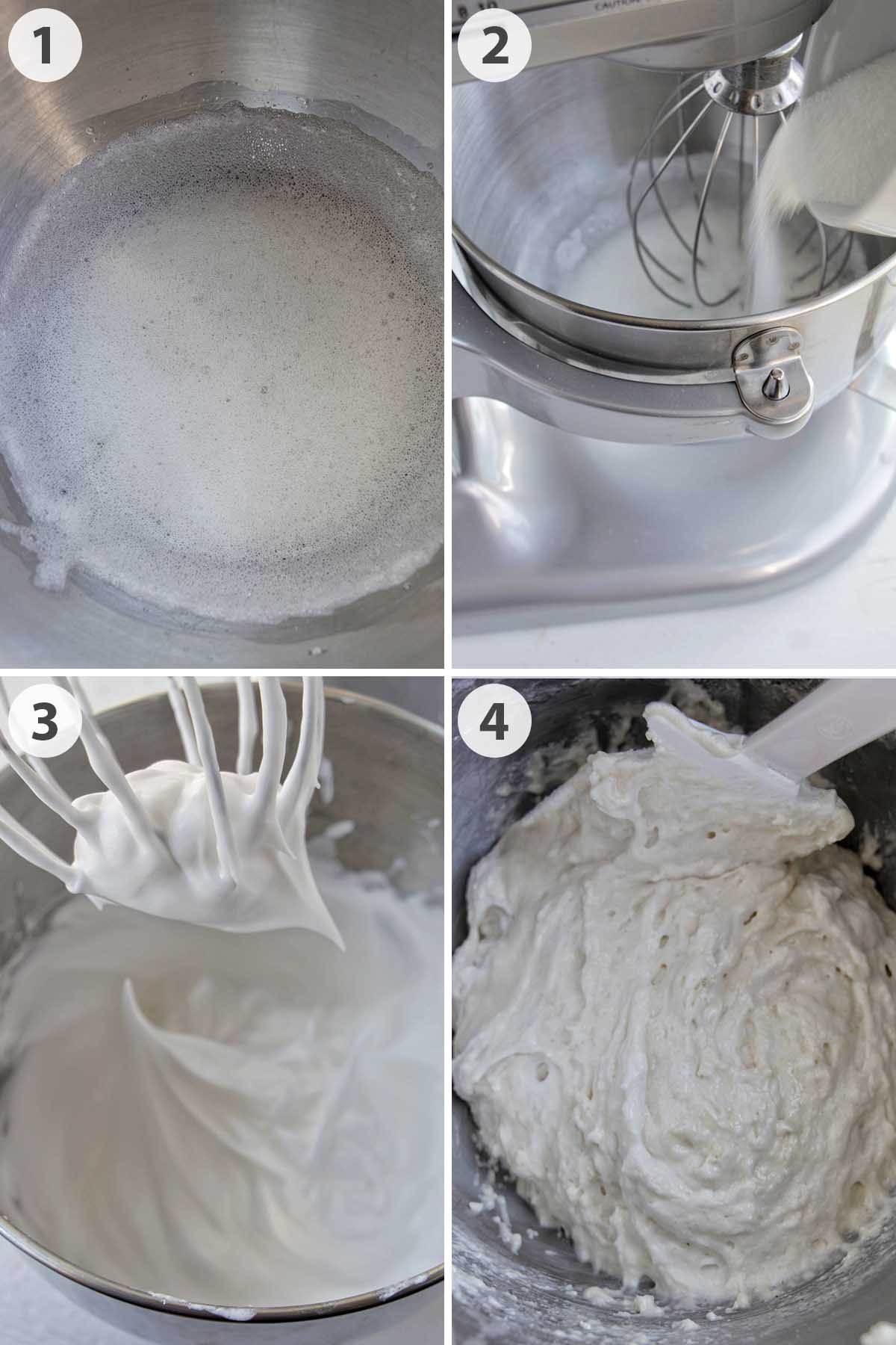 four numbered photos showing how to make macaron batter.