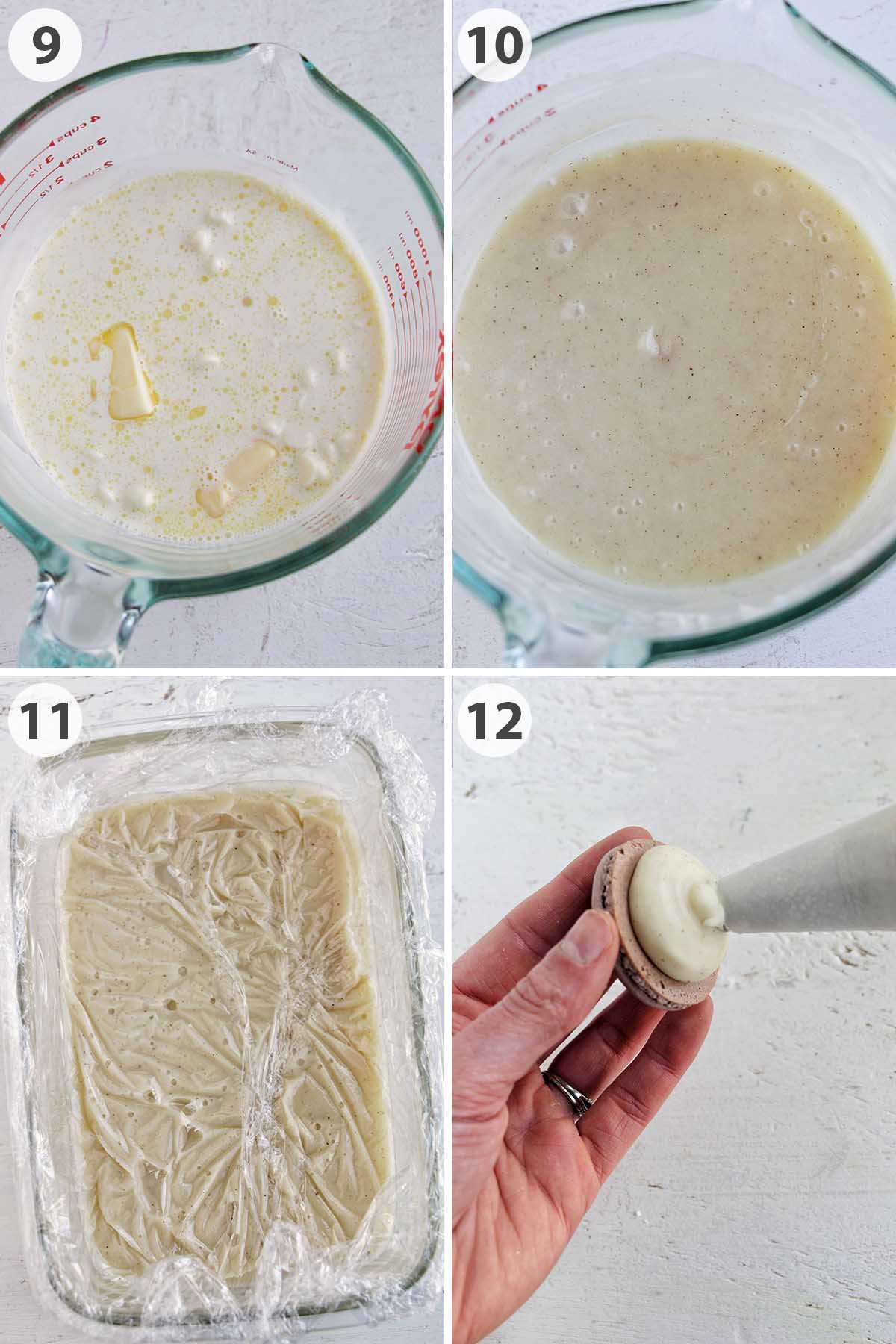 four numbered photos showing how to make white chocolate vanilla ganache.
