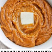 brown butter mashed sweet potatoes with text overlay.
