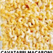 white macaroni and cheese with text overlay.