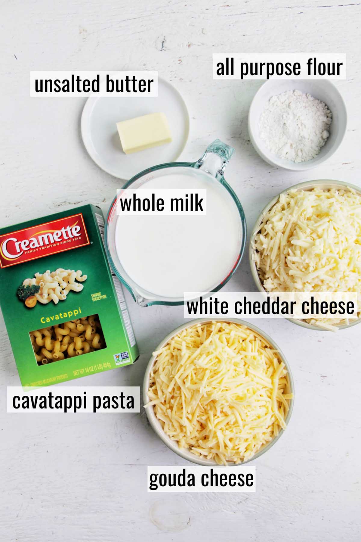 cavatappi white macaroni and cheese ingredients with labels.