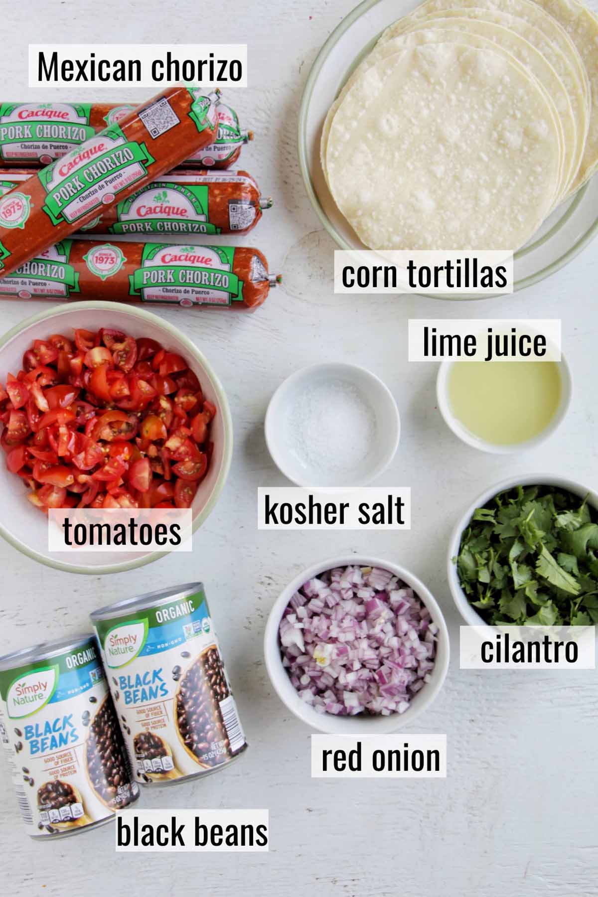 chorizo street taco ingredients with labels.