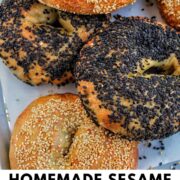 sesame seed bagels with text overlay.