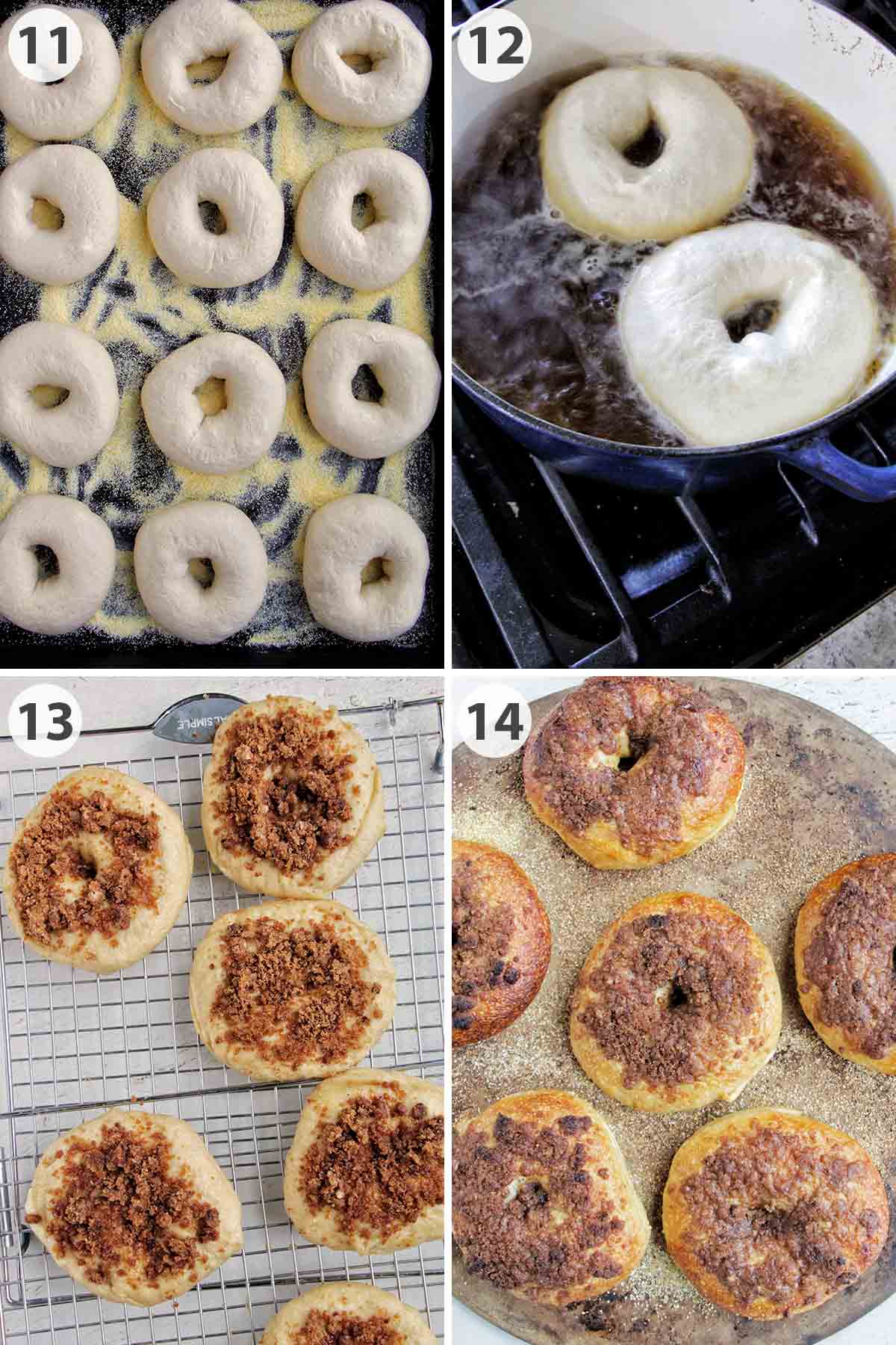 four numbered photos showing how to boil and top cinnamon sugar bagels.