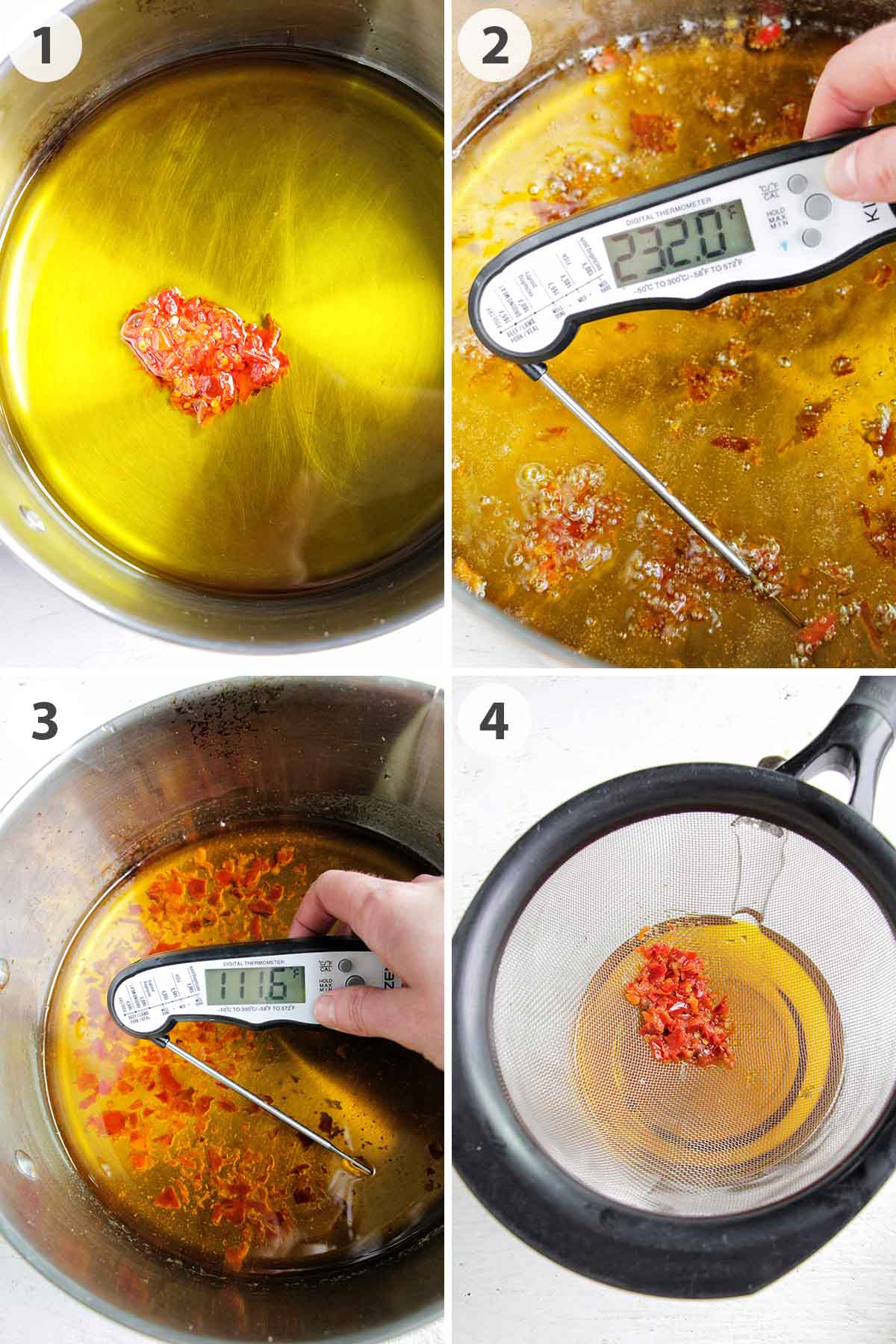 four numbered photos showing how to make Calabrian chili oil.