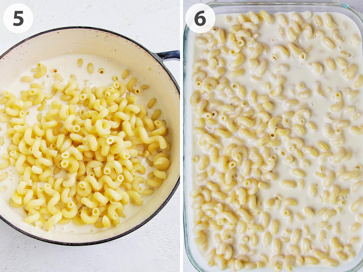 two numbered photos showing how to mix cavatappi noodles with white cheddar sauce.