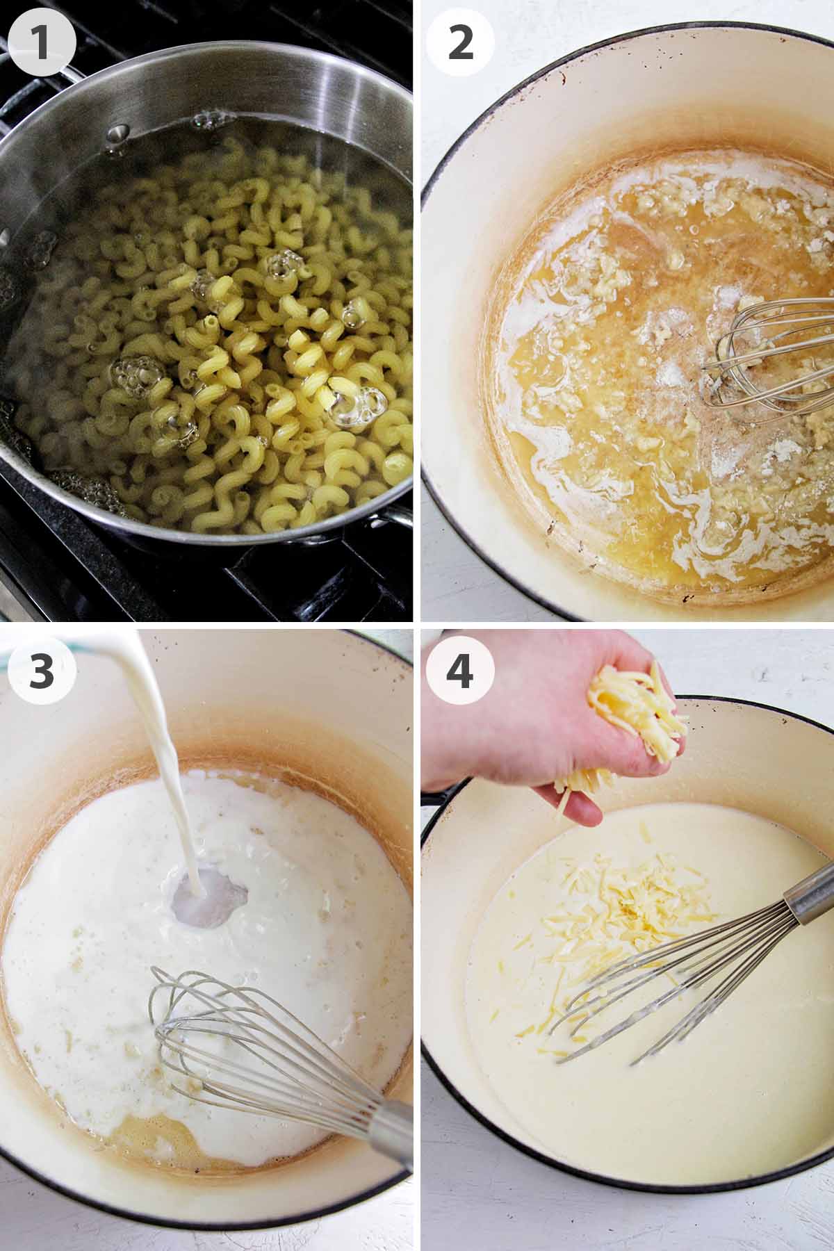 four numbered photos showing how to boil and make sauce for cavatappi white macaroni and cheese.