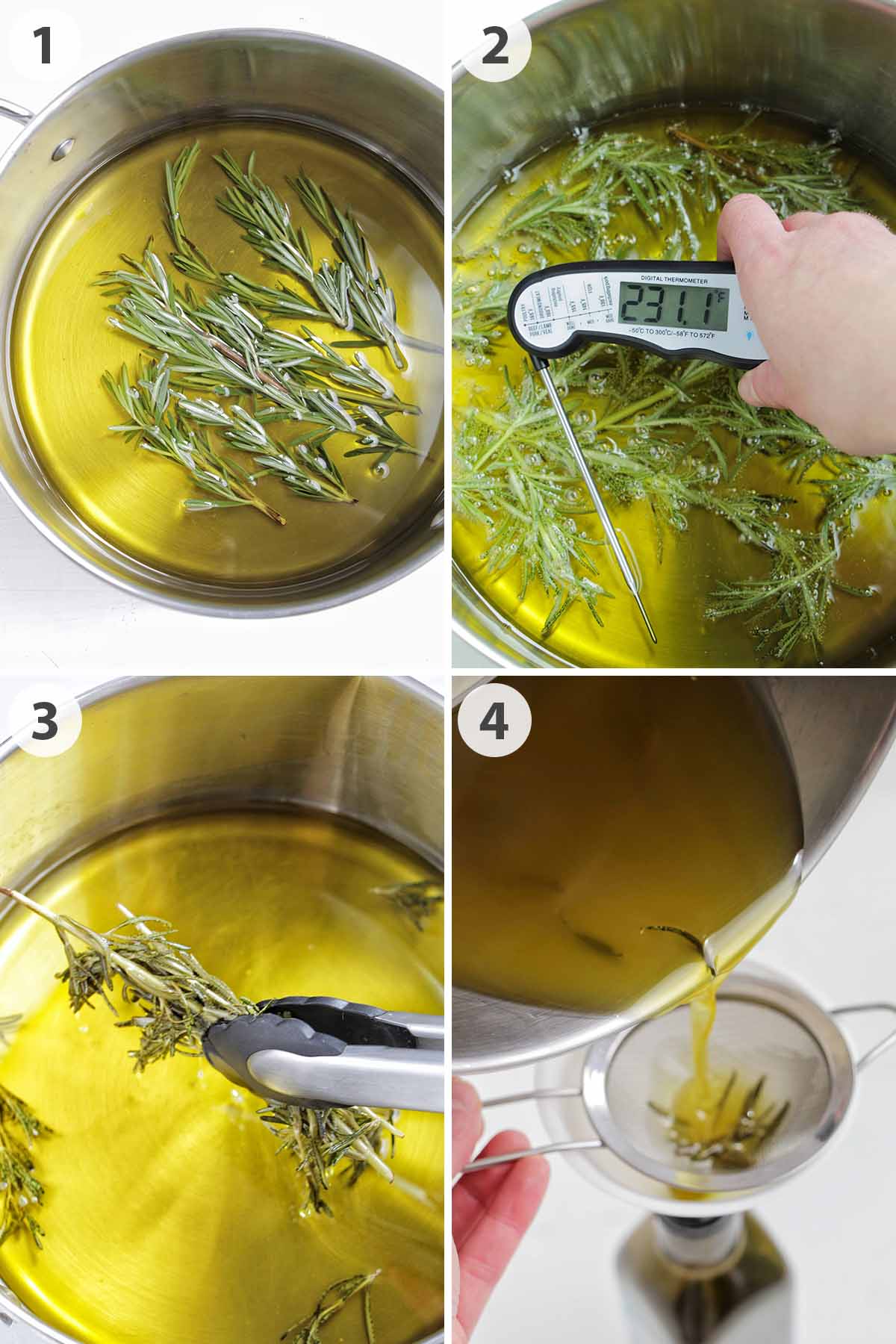 four numbered photos showing how to make rosemary infused olive oil.