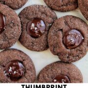 thumbprint chocolate filled cookies with text overlay.