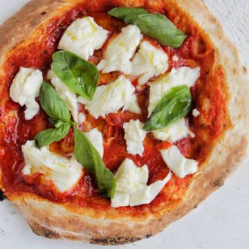 whole wheat Neapolitan pizza with fresh mozzarella and basil.