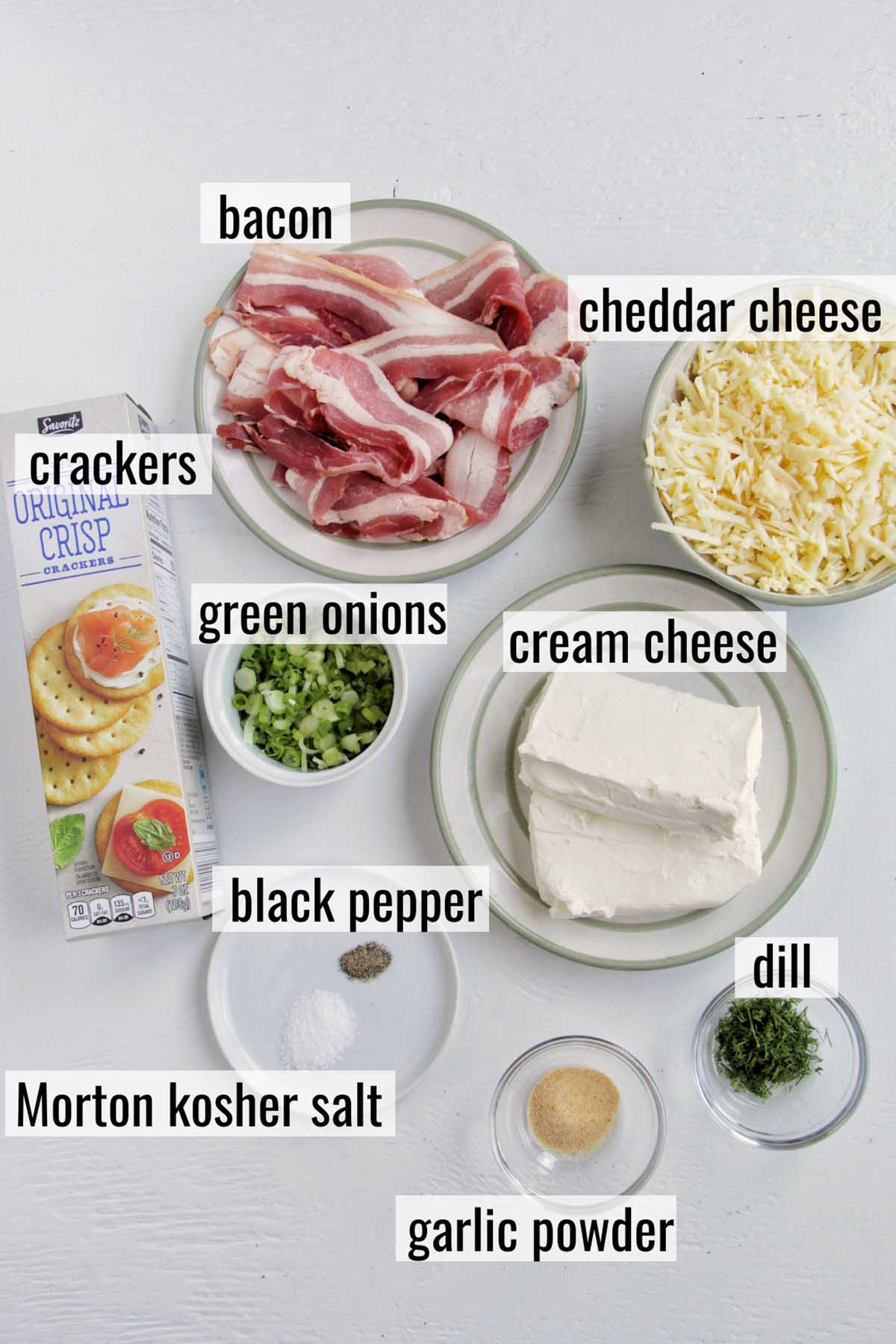 bacon cheddar cheese ball ingredients with labels.