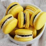 blueberry lemonade macarons in a bowl.