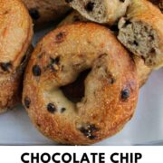 chocolate chip bagels with text overlay.
