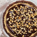 chocolate and peanut butter pie topped with peanuts.