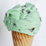 mint chocolate chip gelato on a cone.