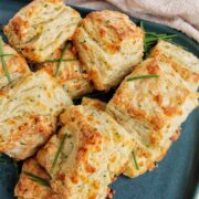 cheddar chives biscuits on a serving tray.