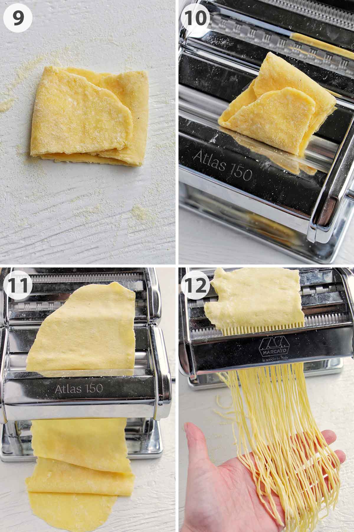 four numbered photos showing how to roll and cut angel hair pasta.