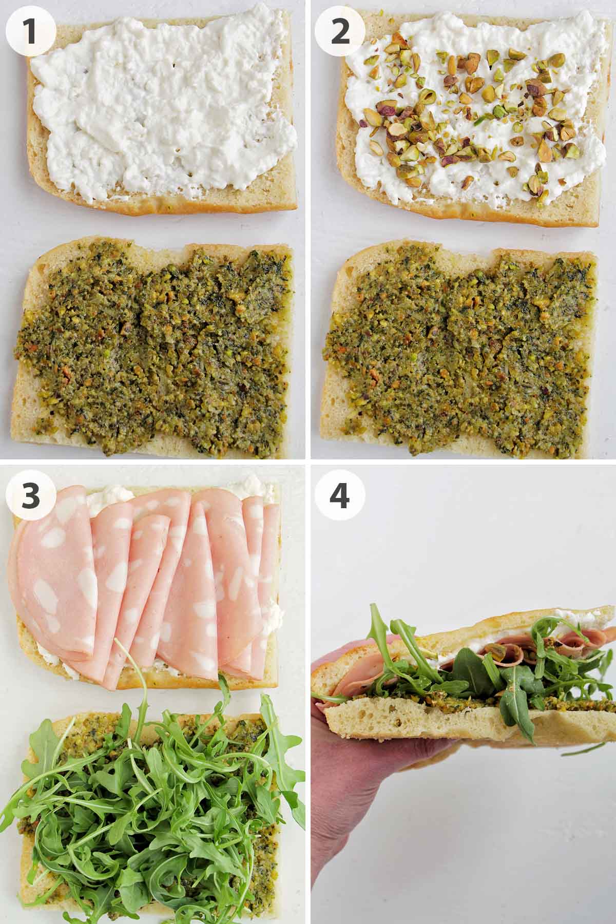 four numbered photos showing how to make mortadella and Stracciatella sandwich.