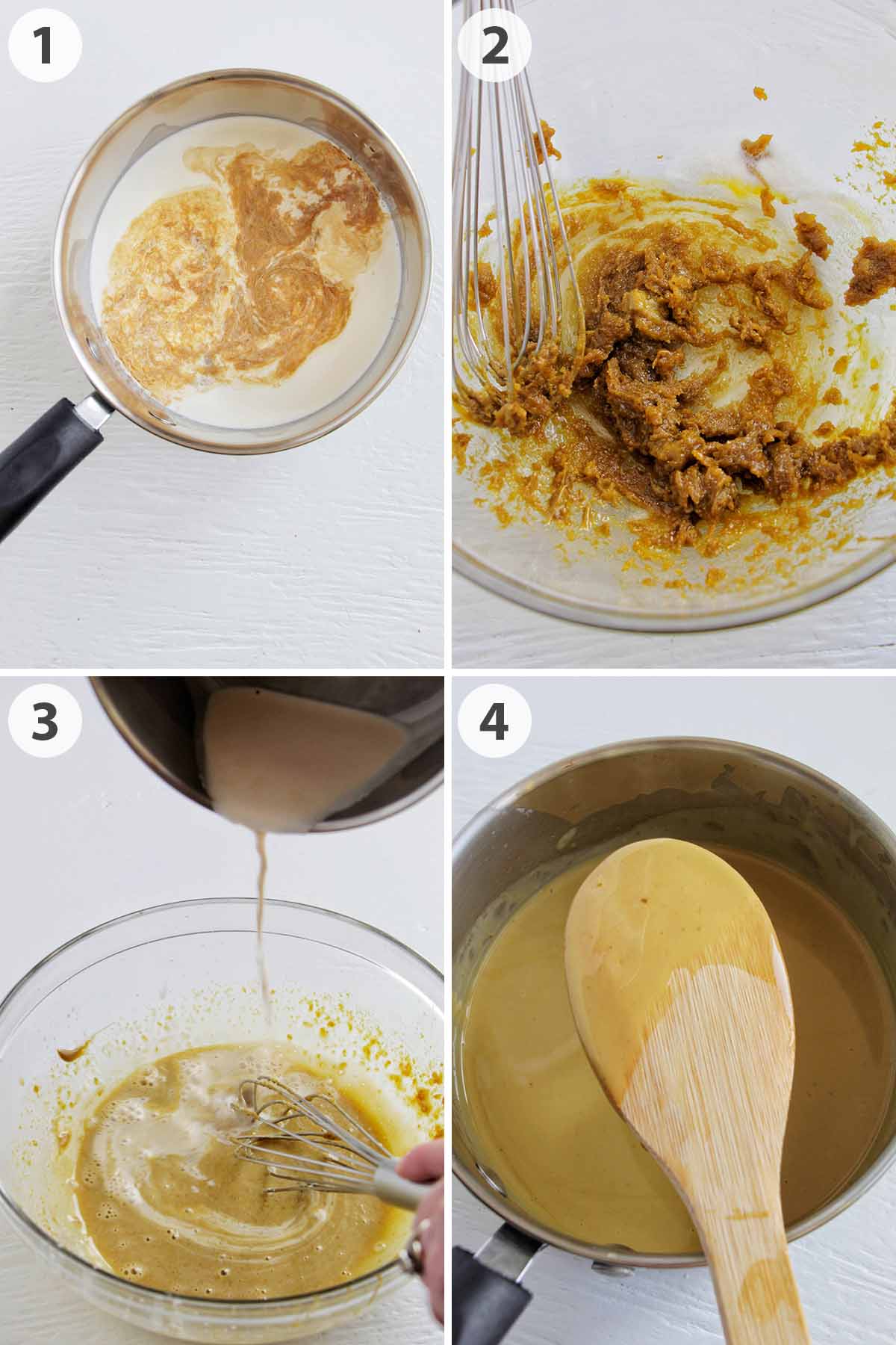 four numbered photos showing how to make pistachio crème anglaise.