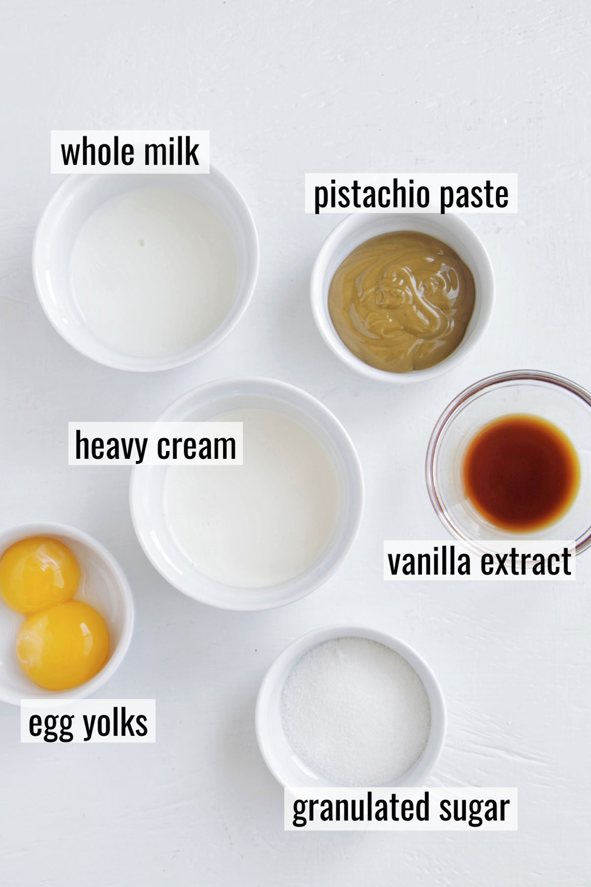 pistachio crème anglaise dipping sauce ingredients with labels.