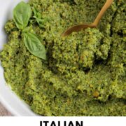 Italian pistachio pesto with text overlay.