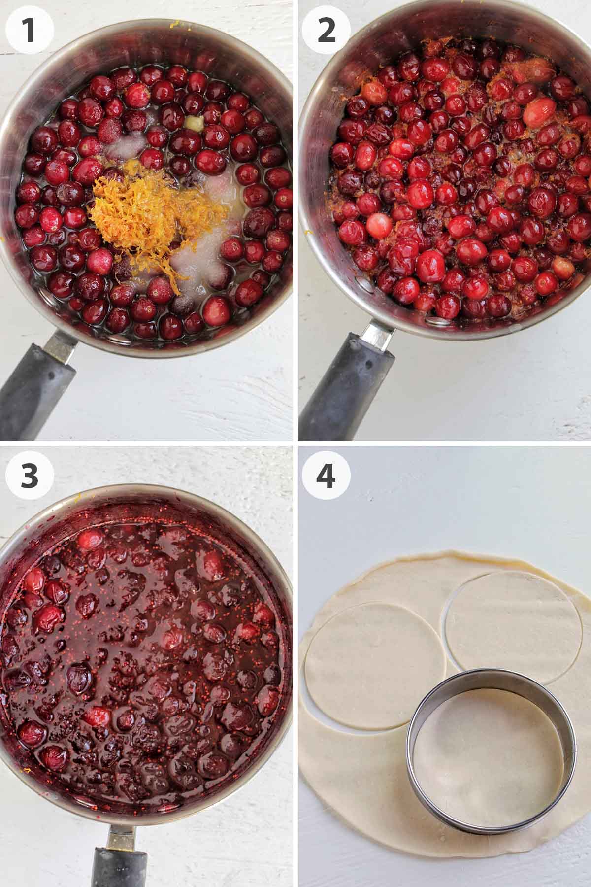 four numbered photos showing how to make cranberry sauce.