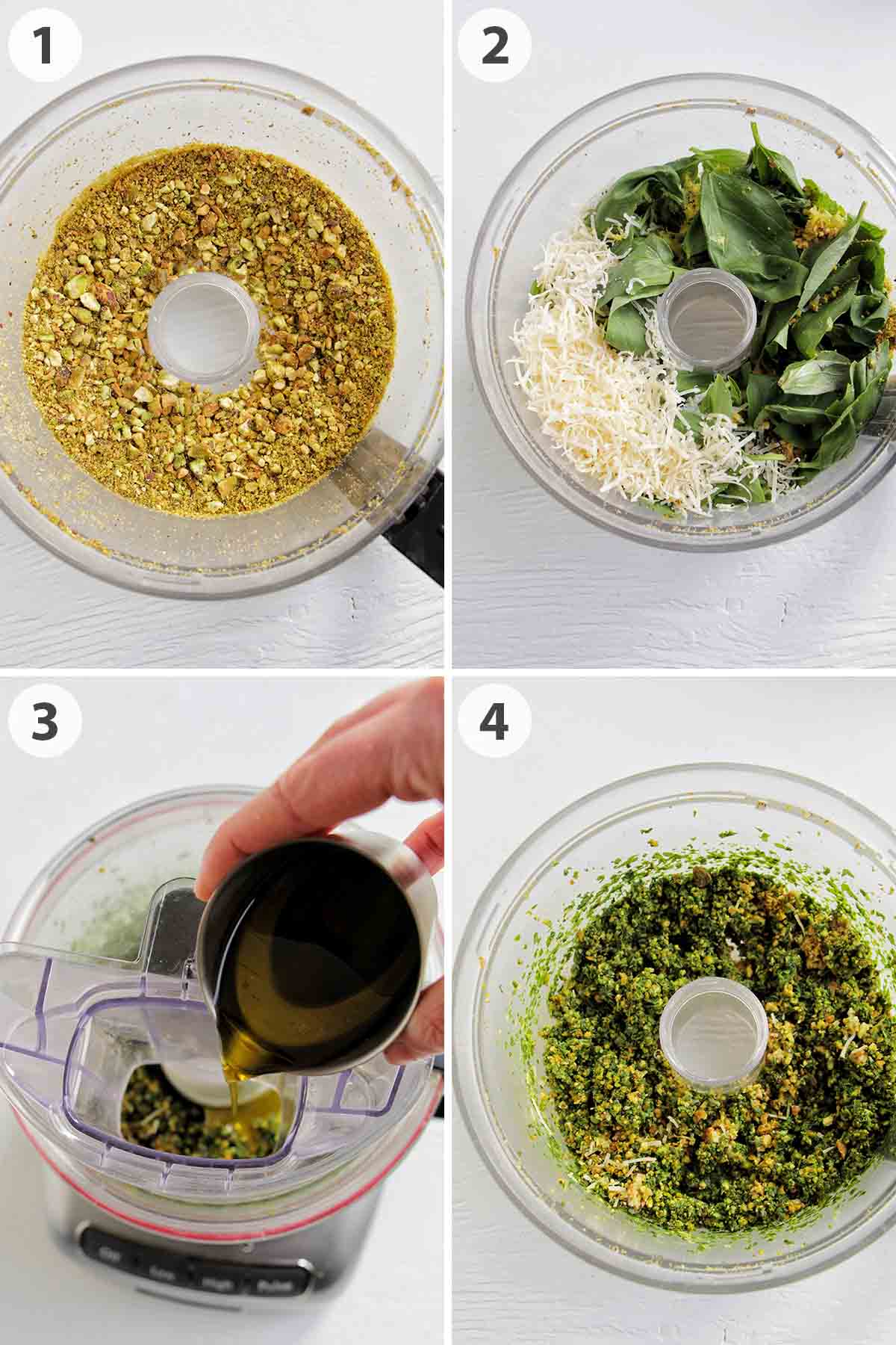 four numbered photos showing how to make pistachio pesto.