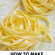 tagliatelle pasta with text overlay.