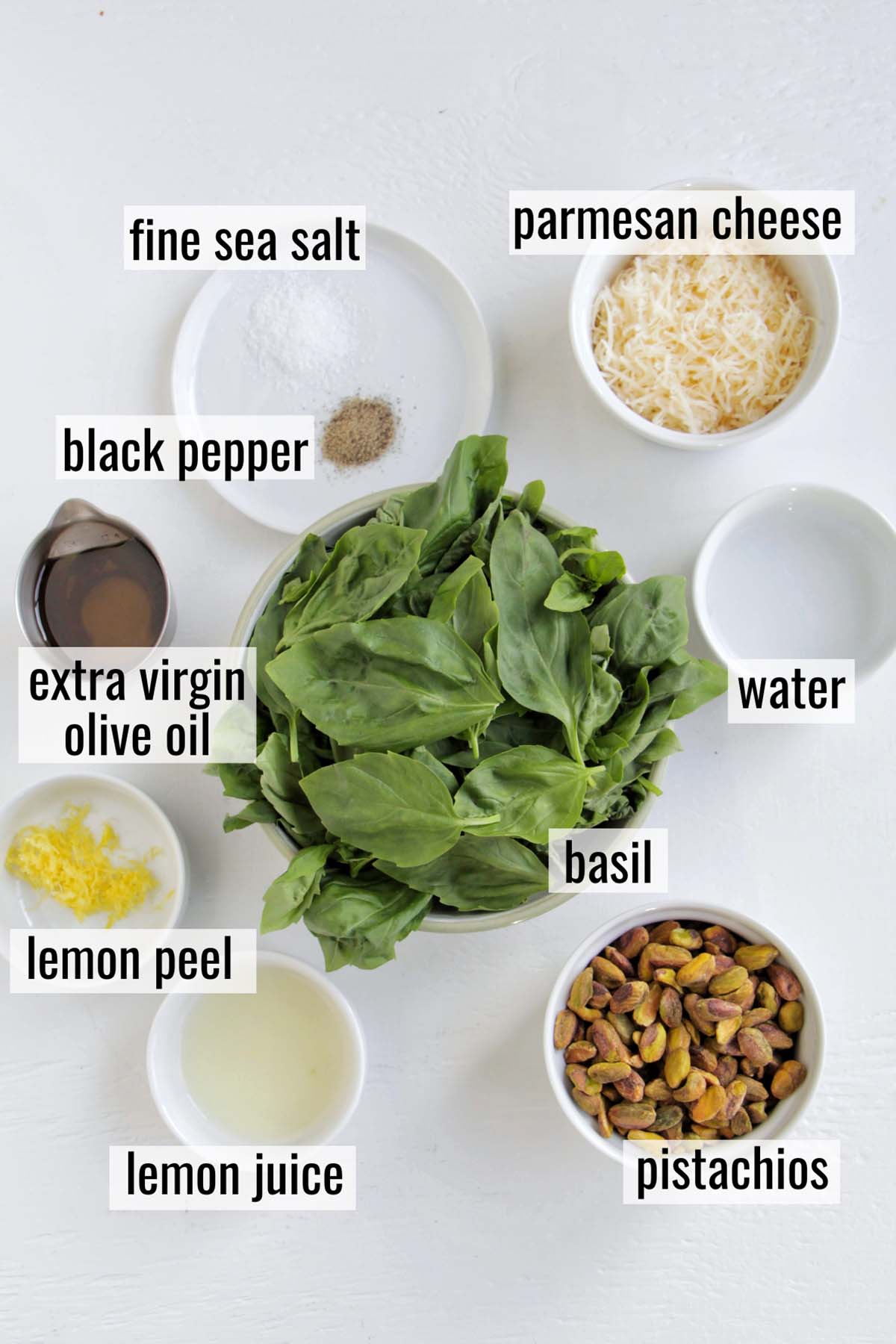 pistachio pesto ingredients with labels.