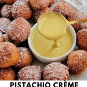 pistachio creme anglaise sauce with text overlay.