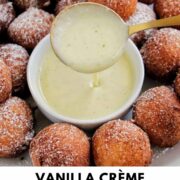 vanilla creme anglaise sauce with text overlay.