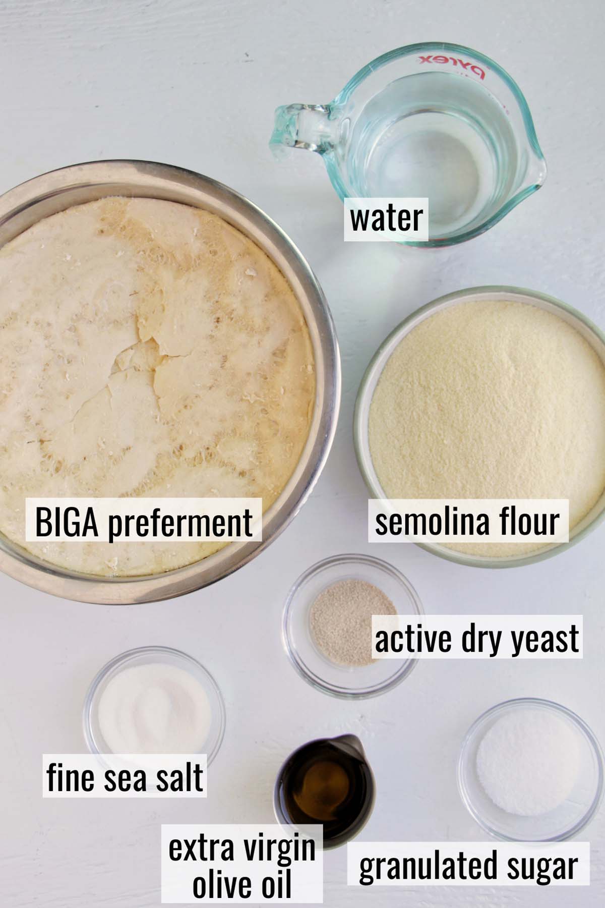 Italian ciabatta ingredients with labels.