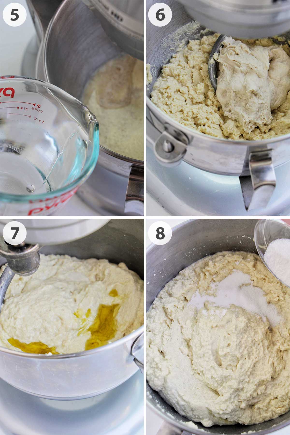 four numbered photos showing how to make ciabatta dough.