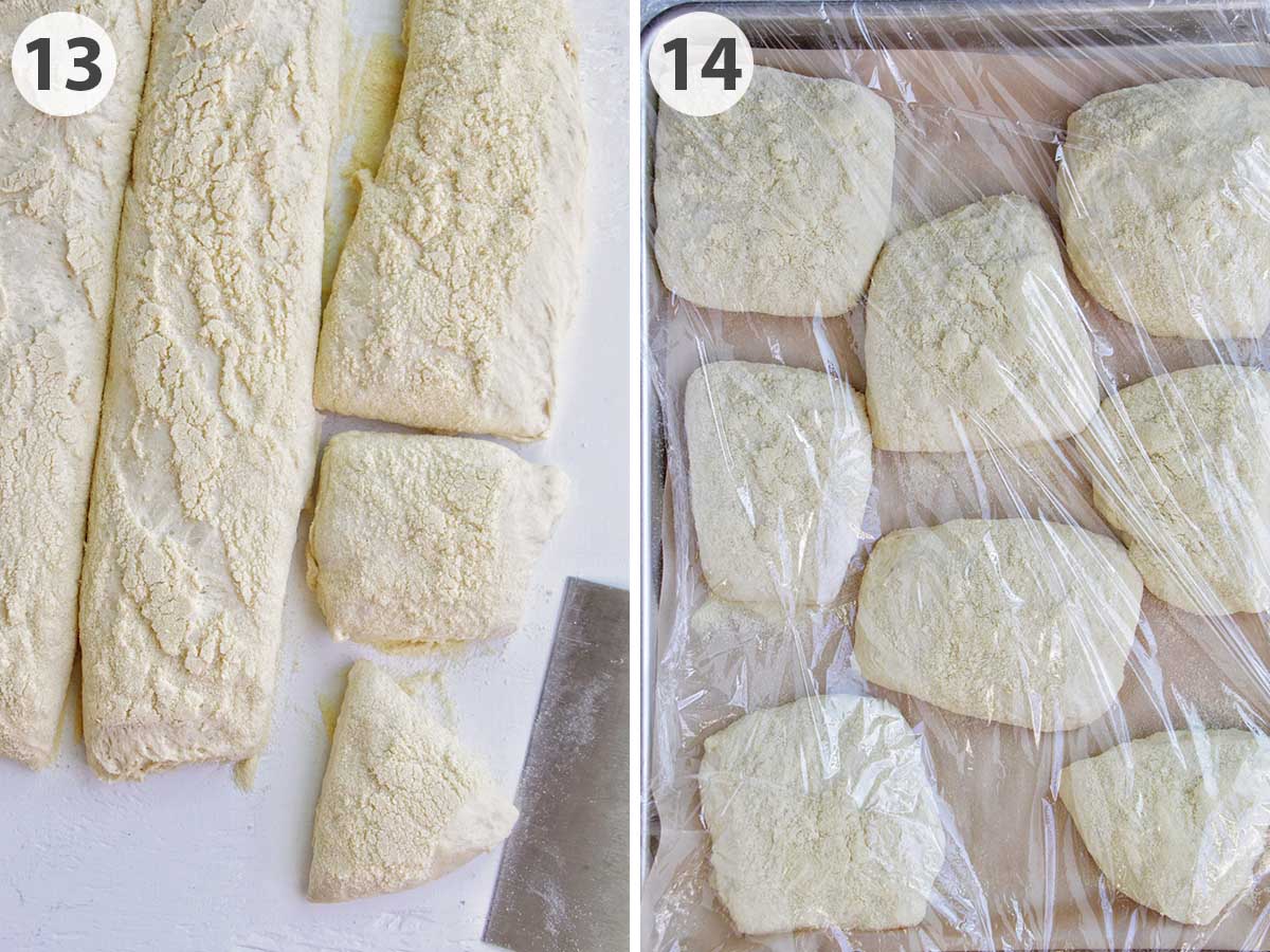two numbered photos showing how to cut and proof ciabatta dough.