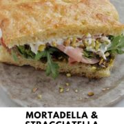 mortadella sandwich with text overlay.
