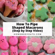 4 shaped macarons with text overlay.