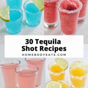 four colorful tequila shots with text overlay.