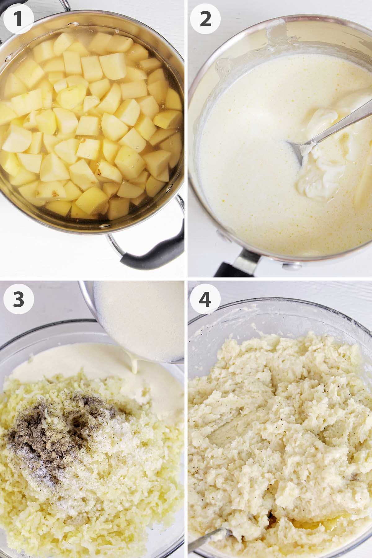 four numbered photos showing how to make creamy mashed potatoes.