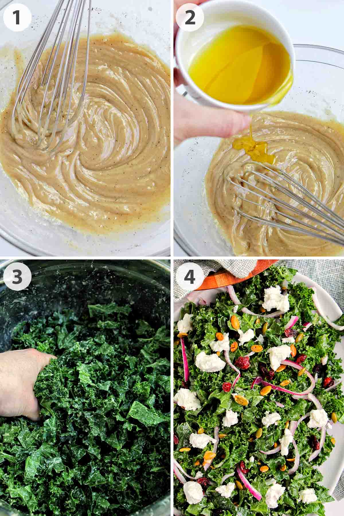 four numbered photos showing how to make tahini salad dressing for kale salad.