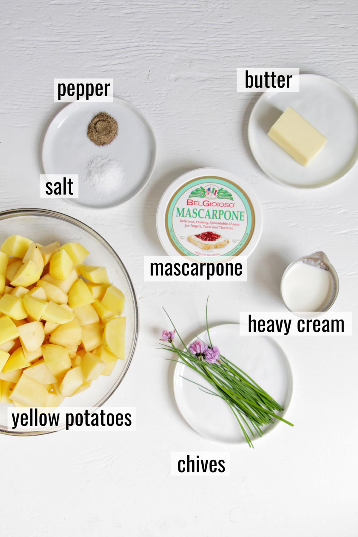 mascarpone mashed potato ingredients with labels.