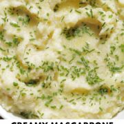creamy mashed potatoes with text overlay.