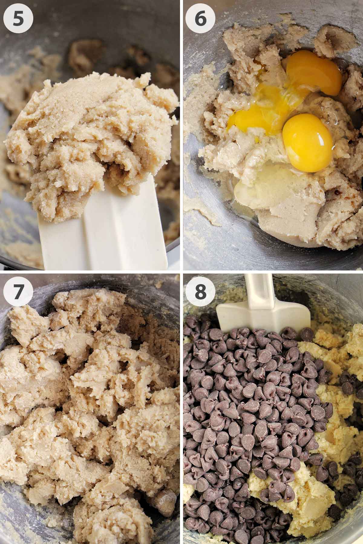 four numbered photos showing how to make chocolate chip cookie dough.