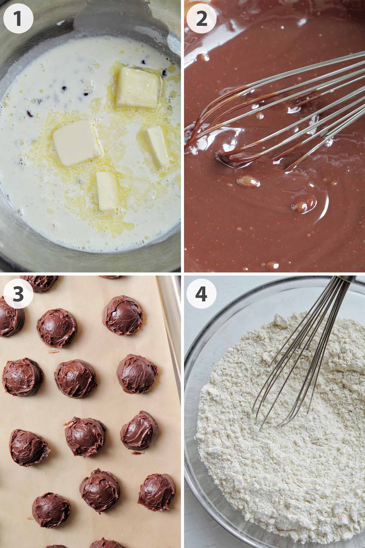 four numbered photos showing how to make hot fudge and whisk flour.