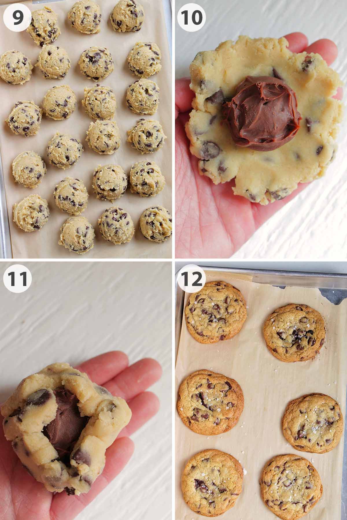 four numbered photos showing how to fill chocolate chip cookie dough with fudge.